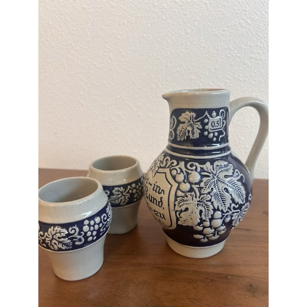 Vintage Gerzit Gerz Pottery Set Wine‎ Pitcher and 2 Cups Germany